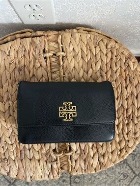Tory Burch Black Pebbled Leather Flap Crossbody with Gold Logo